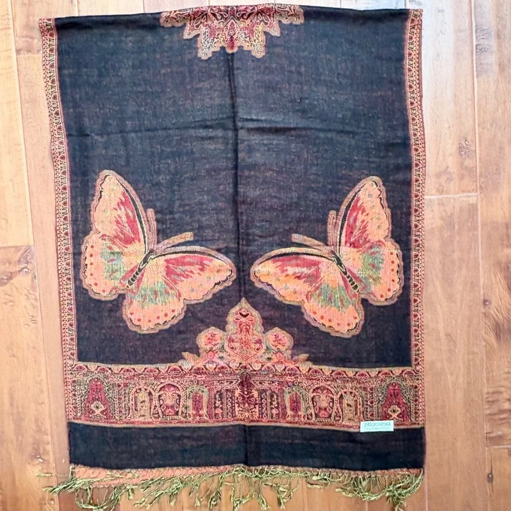 Pashmina Reversible Butterfly Paisley‎ Silk Blend Wrap Scarf, Women OS Boho